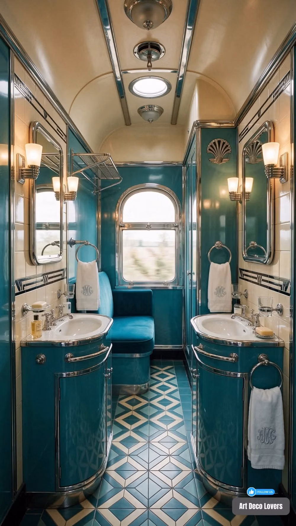 Streamline Moderne aesthetic - Art - Luxury trains of the 1930s often featured elegant Art Deco bathrooms designed with chrome and geometric patterns. | Facebook