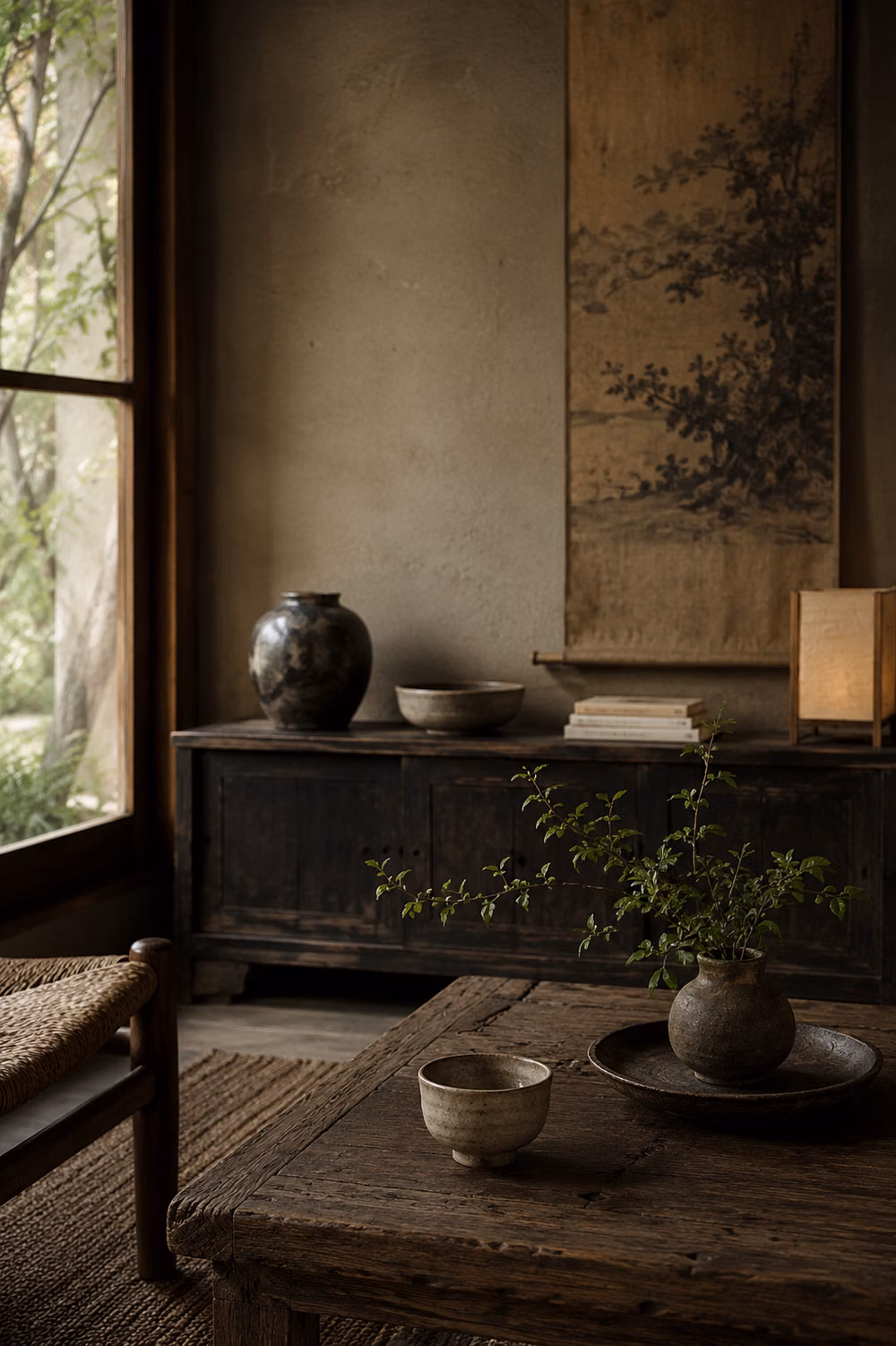 Wabi-Sabi aesthetic - A calm wabi-sabi interior with weathered wood, muted natural light, rustic ceramics, and a quiet branch arrangement. The layered textures, dark wooden furniture, and earthy tones create a peaceful atmosphere shaped by simplicity, imperfection, and slow living. Explore current pieces in our shop.