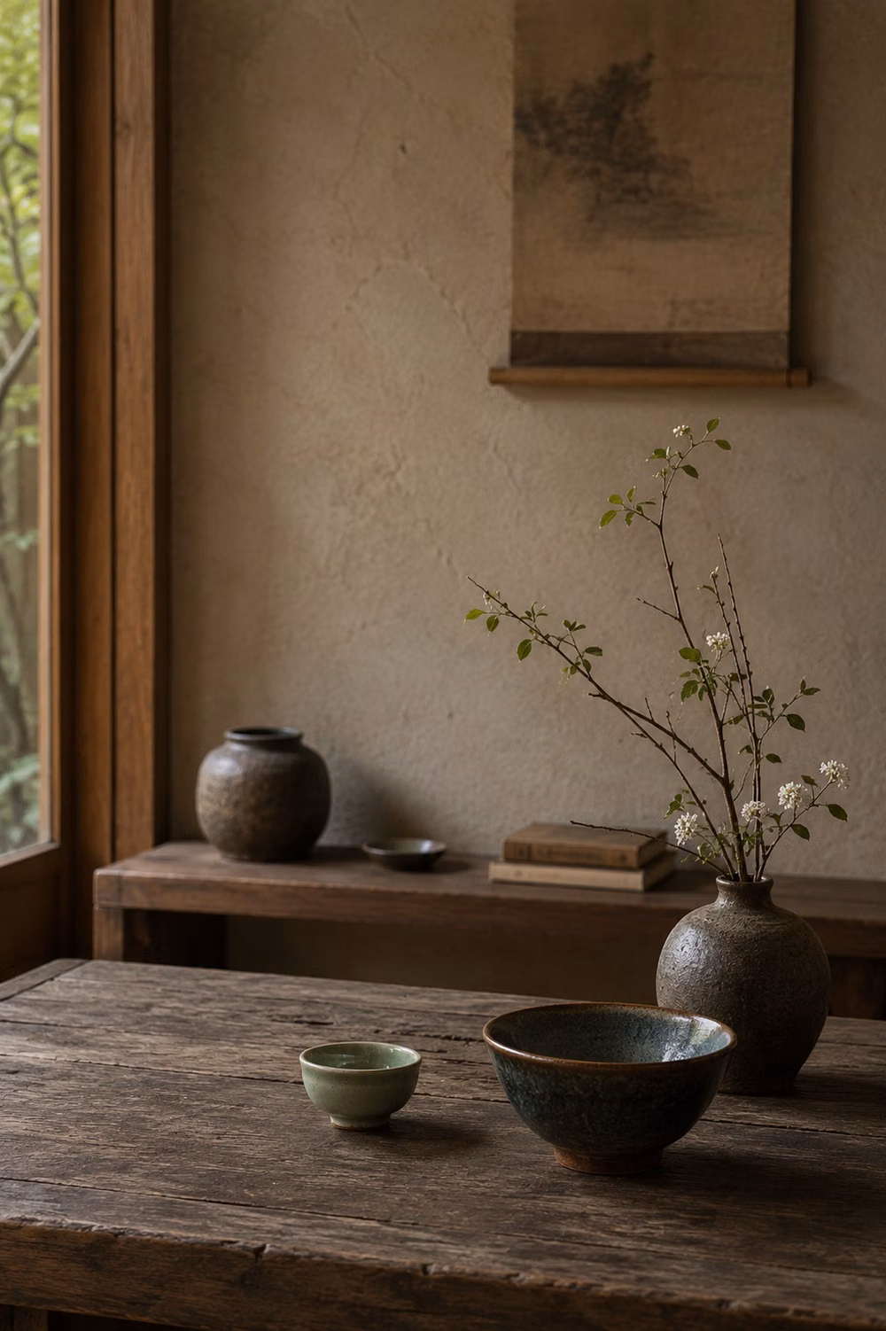 Wabi-Sabi aesthetic - A calm wabi-sabi interior scene with weathered wood, textured plaster walls, simple ceramic vessels, and a delicate branch arrangement. The soft natural light and restrained composition create a peaceful atmosphere rooted in natural materials, imperfection, and slow living.  Explore current pieces in our shop.
