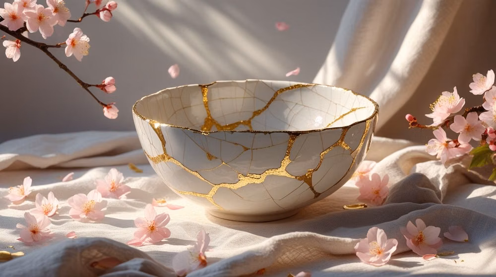 kintsugi ceramic bowl gold repair close up - How the ancient Japanese practice of mending broken pottery reveals the beauty of relational repair. What Is Kintsugi? Kintsugi (金継ぎ), meaning “golden joinery,” is a centuries-old Japanese art form that repairs broken pottery by filling its cracks with gold, silver, or platinum. Rather than hiding the damage, Kintsugi illuminates the breakage, transforming what was once considered flawed into something more valuable, beautiful, and whole....  https://spiritlovesong.com/kintsugi-the-art-of-att...