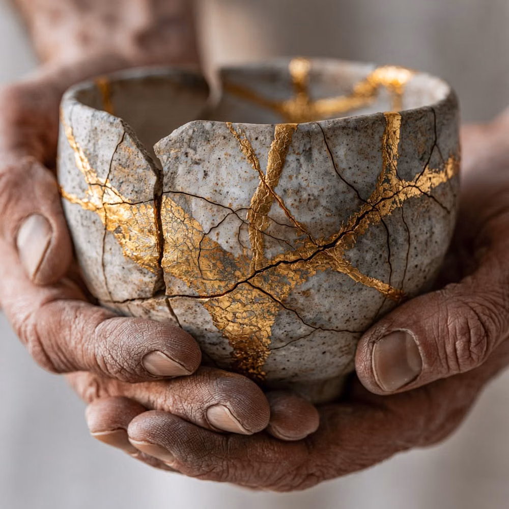 kintsugi ceramic bowl gold repair close up - The bowl didn't become valuable in spite of the cracks. It became valuable because of them.

That's the part recovery gets backwards at the start. You spend the first stretch trying to hide the break — cover it, outrun it, pretend the man who did those things was somebody else. But kintsugi doesn't hide the fracture. It fills it with gold and holds it up to the light.

Sobriety was never about getting back to who you were before. That version of you broke for a reason. Restoration isn't rewin...