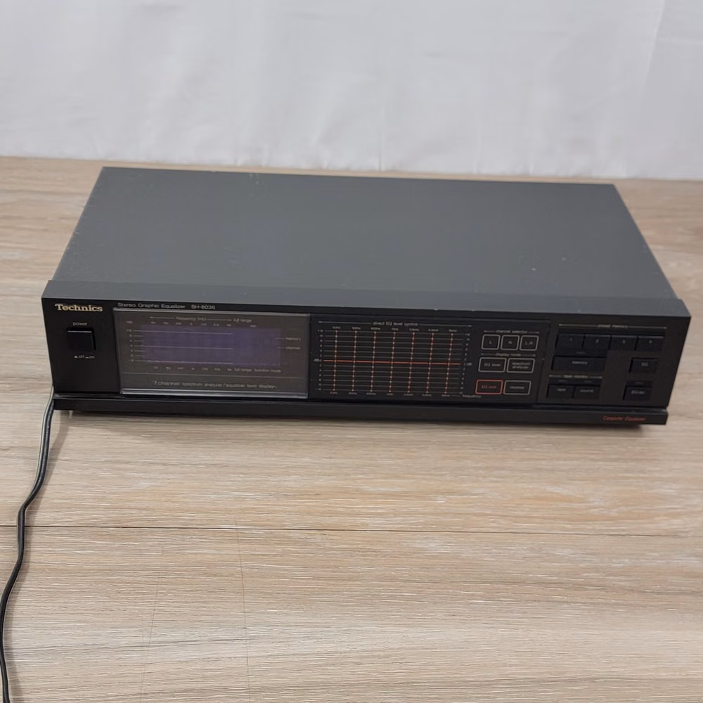 stereo spectrum analyzer display photograph - Technics Sh-8036 Stereo Graphic Equalizer Offers Precise Audio Control With A 7-Channel Spectrum Analyzer And Equalizer Level Display. This Vintage Japanese-Made Component Features A Sleek Black Finish And A Clear, Illuminated Frequency Display Ranging From 63hz To 16khz. The Rear Panel Includes Standard Rca Line Inputs And Outputs, Along With Tape Recording Connections, Making It A Versatile Addition To Any Classic Hi-Fi Stack. Brand: Technics Model: Sh-8036 Type: Graphic Equalizer Channels: 7-Band Spectrum Analyzer: Yes Display: Fluorescent Level Display Frequency Range: 63hz To 16khz Input/Output: Rca Line In/Out Tape Monitor: Yes Power Source: Ac 120v 60hz 9w Manufacture: Made In Japan