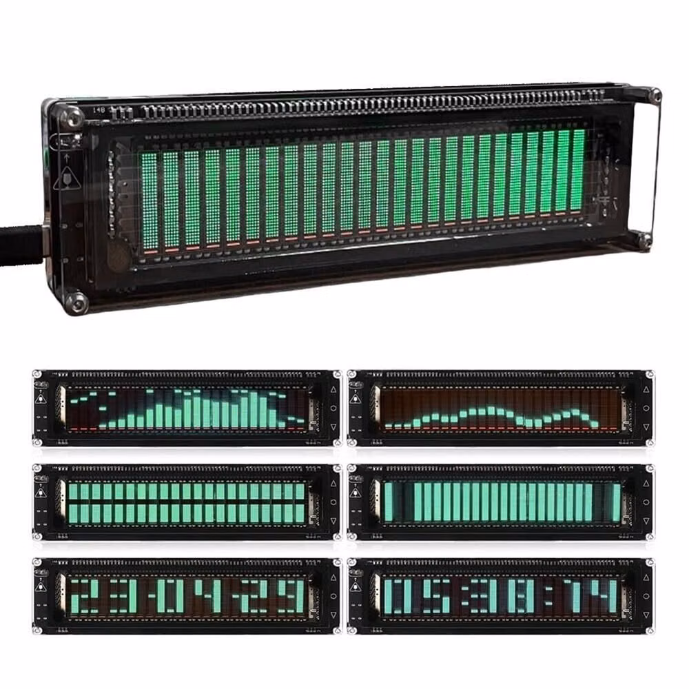 stereo spectrum analyzer display photograph - AK2515 Audio Visualizer VFD 25x15 For Spectrum Analyzer 0.42 lb Weight DESCRIPTION Features: * High-resolution VFD display, AK2515 professional audio for Spectrum analyzer adopts 25x15 high-resolution VFD, which can accurately represent the frequency band and for ensure clear display of audio data. * Accurate clock function, AK2515 professional audio for Spectrum analyzer is equipped with SD3078 for crystal oscillator with an accuracy of ±3.8ppm and a monthly error within 10 seconds, supporting date and time display and 5 clock modes. * Wide frequency, AK2515 professional audio for Spectrum analyzer provides 32Hz-16kHz wideband scanning, which can perform high- for frequency point testing to meet detailed audio analysis. * Multiple input options, VFD display music sound visualizer supp