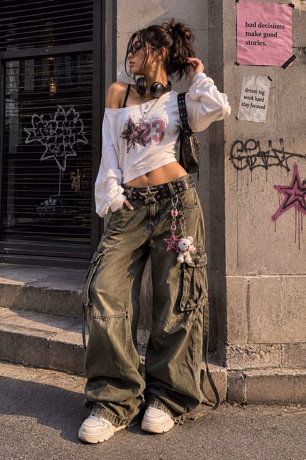 Y2K aesthetic - Main character energy with this edgy Y2K streetwear fit 💿⭐ Featuring oversized cargo pants, off-shoulder graphic top, chunky sneakers, layered accessories, and ultimate cool-girl vibes. Perfect inspo for Pinterest fashion lovers obsessed with 2000s aesthetic, street style, and soft grunge looks ✨🖤 #Y2KOutfit #StreetwearFashion #PinterestStyle #Y2KAesthetic #CargoPants #BaggyFashion #CoolGirlStyle #FashionInspo #UrbanOutfit #2000sStyle